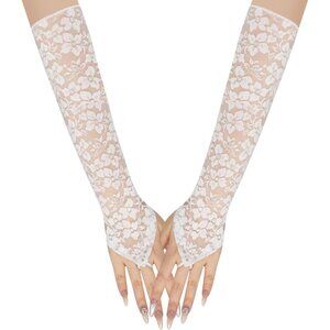 Women's White Long Length Evening Floral Keeper Lace Gloves Wedding Party Prom